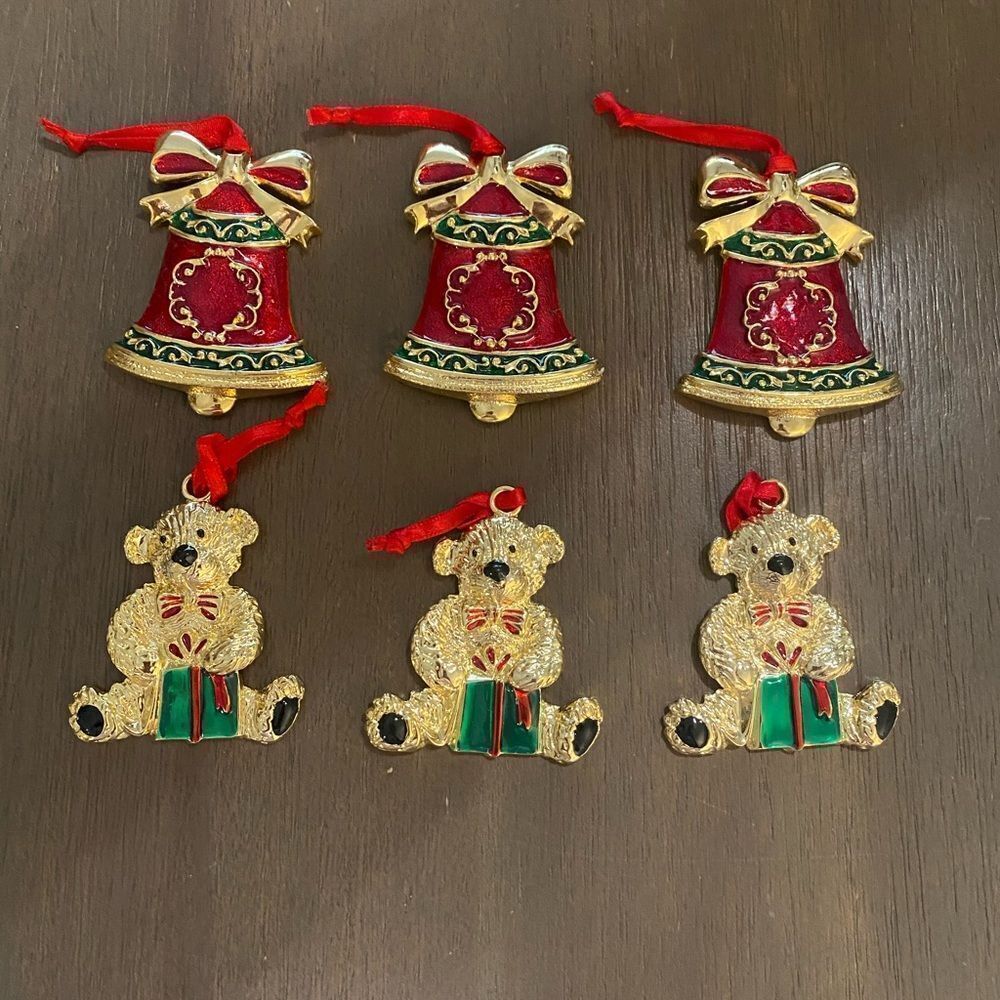 Vintage Gerry’s Enamel/ Metal Christmas Ornaments set of 6 Bells & Teddy Bears